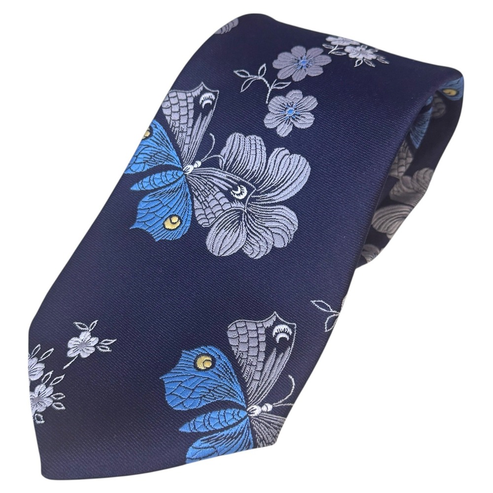 Beefeater Navy Blue Silk Butterfly Floral Necktie Mens‎ Formal vintage.